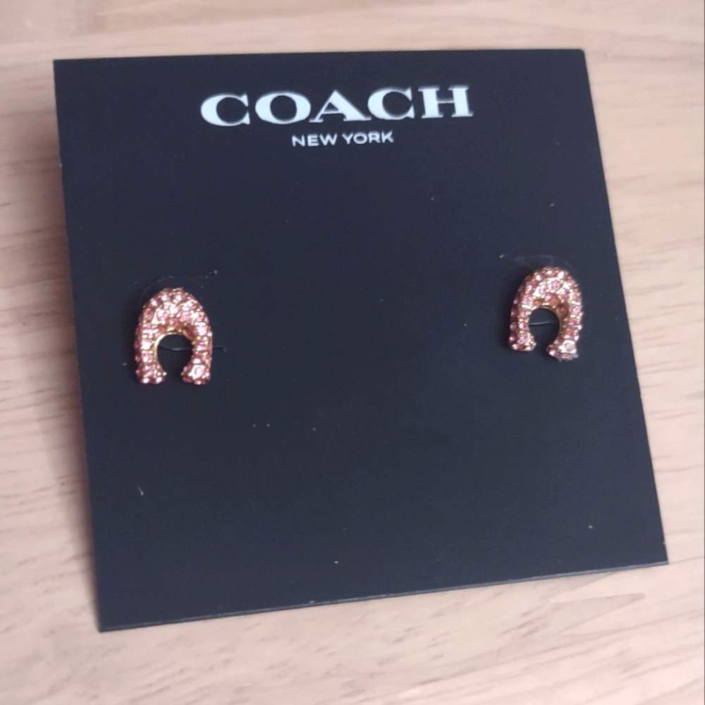 Coach C Pink Crystal Gold Charm Stud Earrings Y2K Bling Barbiecore
